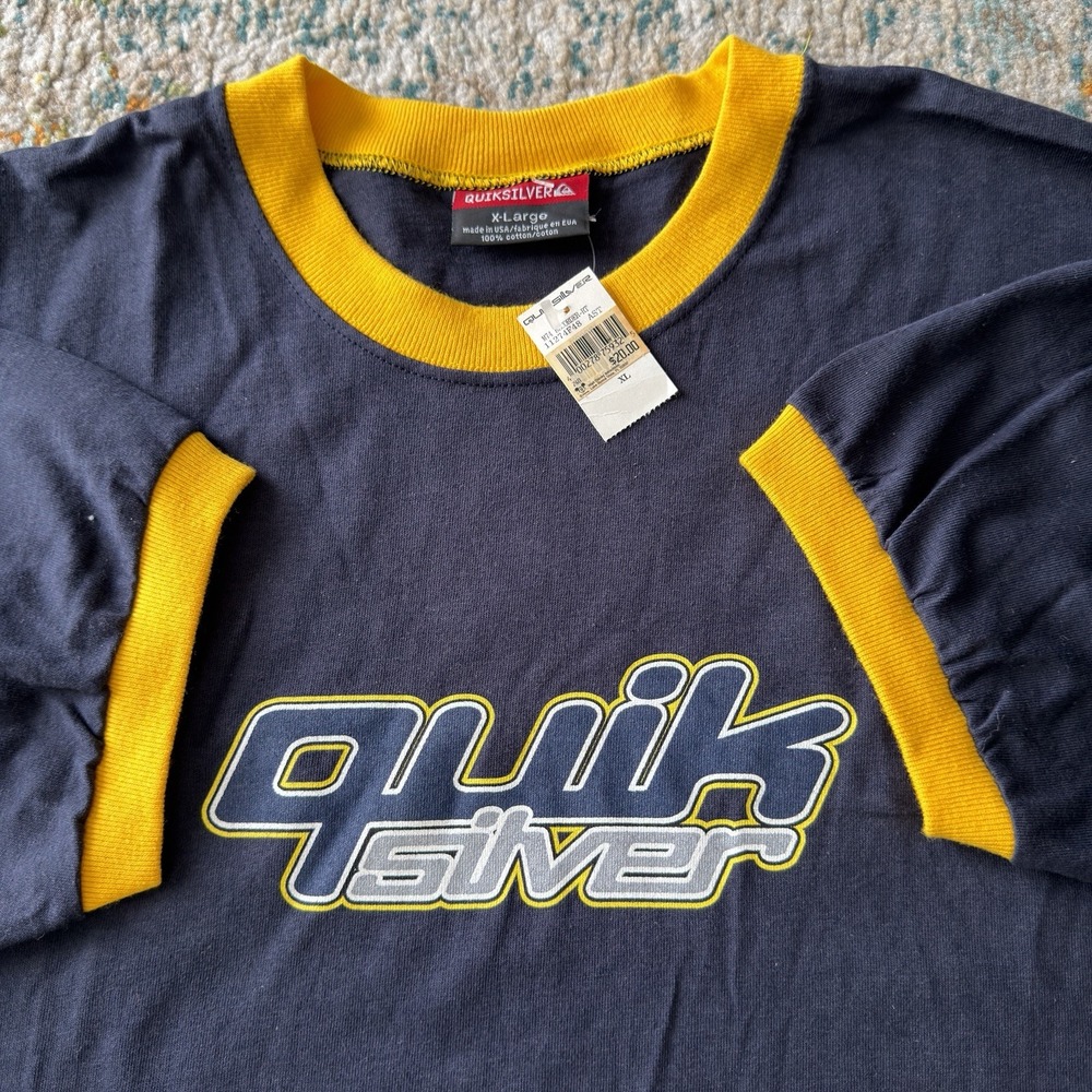 Vintage 90s Quiksilver Ringer T Shirt XL Navy Blue Yellow NWT USA Made